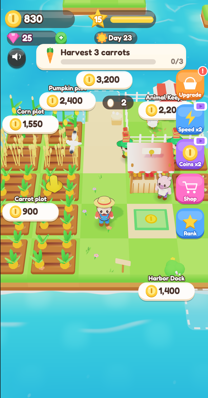 An expanded farm with new crops and buildings