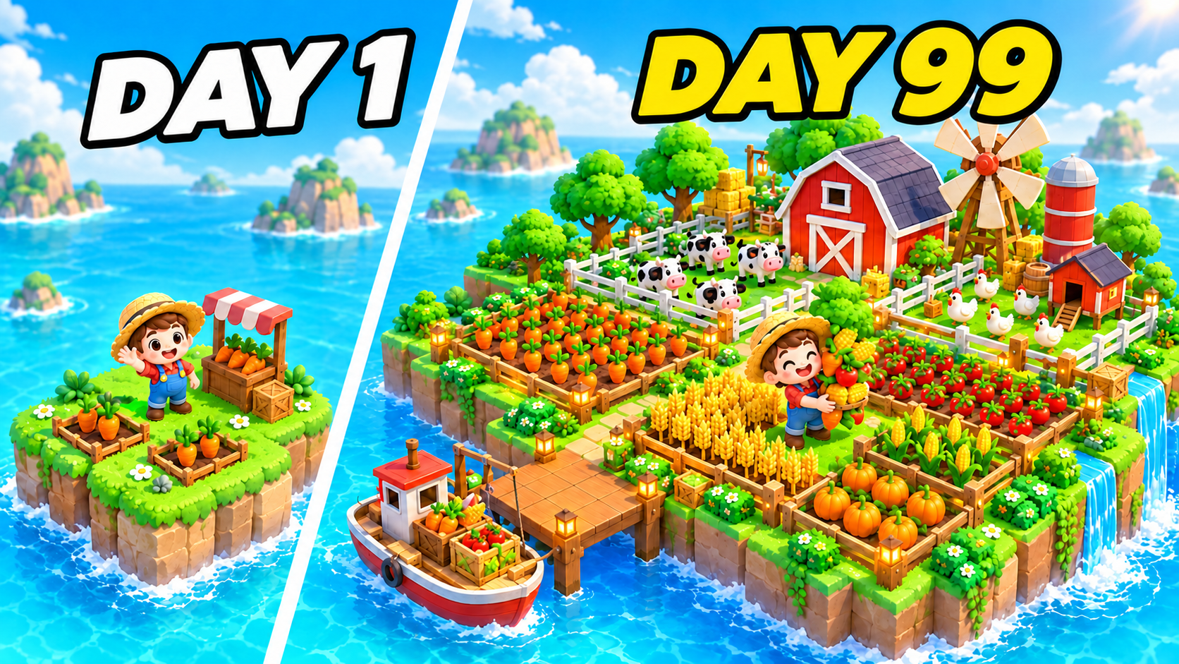 Promotional illustration showing a tiny Day 1 farm and a lush Day 99 island
