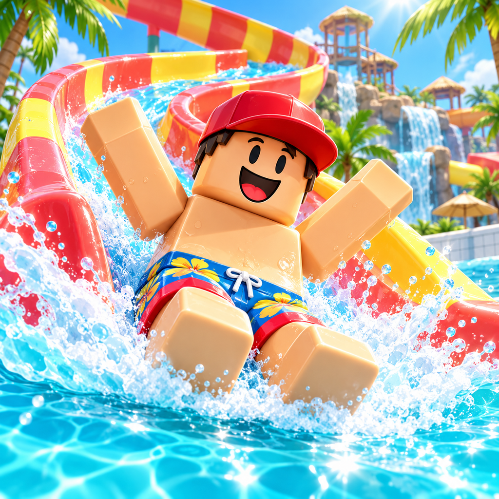 Blocky red-cap caretaker riding a twisting water slide