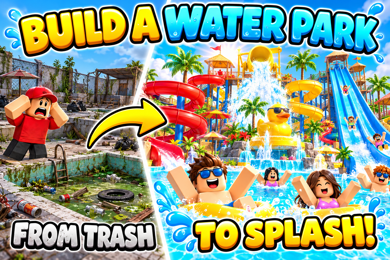 Promotional illustration: abandoned dirty pool transforms into a vibrant water park with blocky characters, spiral slides and a golden duck