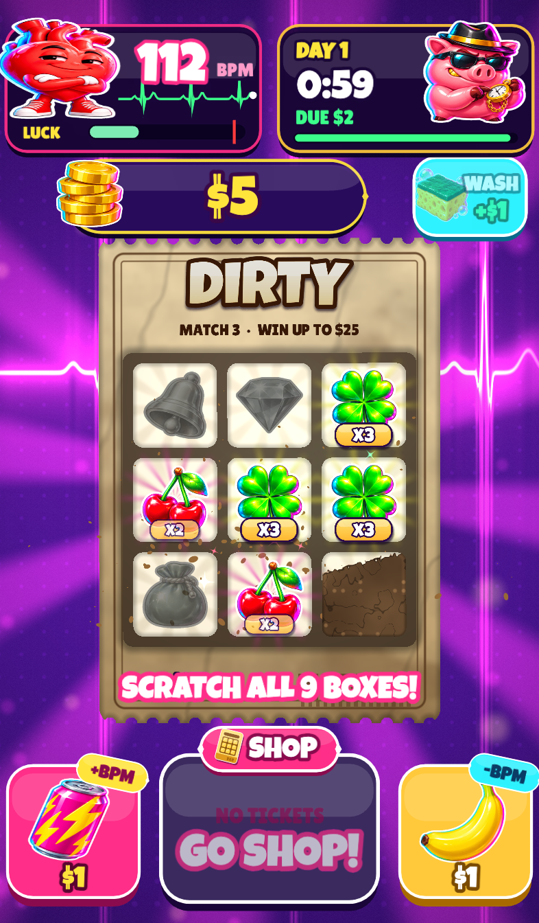 SCRATCHY gameplay with a partially revealed ticket and heart monitor