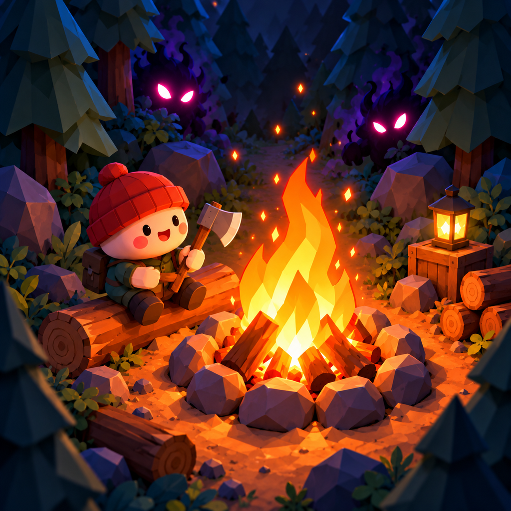 A red-beanie survivor tending a campfire as shadow creatures watch from the forest