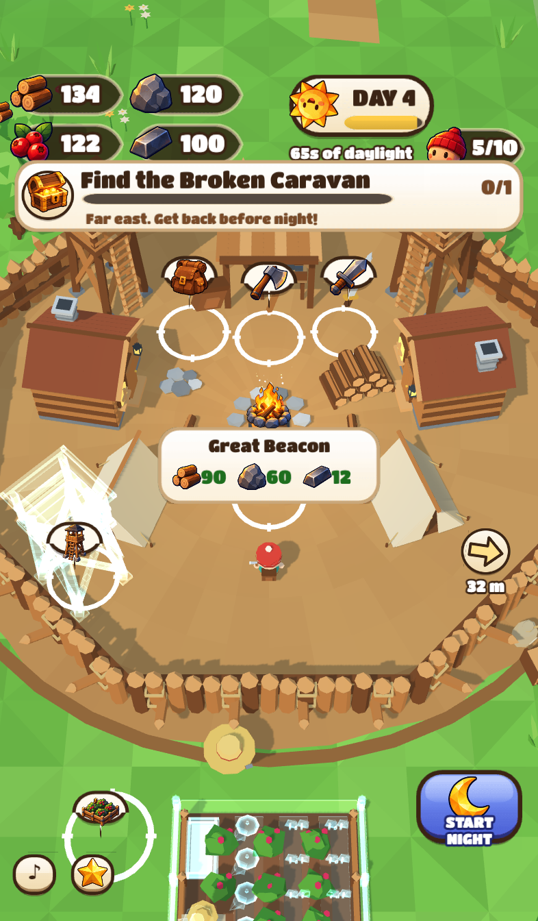 Actual gameplay: a colony with walls, homes and watchtowers